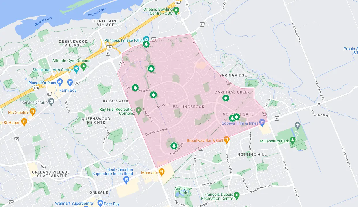 map showing parks in Fallingbrook neighbourhood
